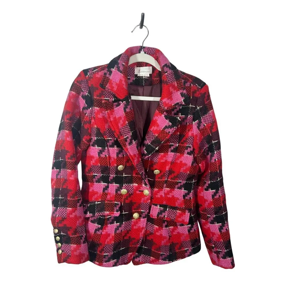 Anthropologie Exploded Plaid Tweed Blazer Medium Red Pink Gold Button Jacket